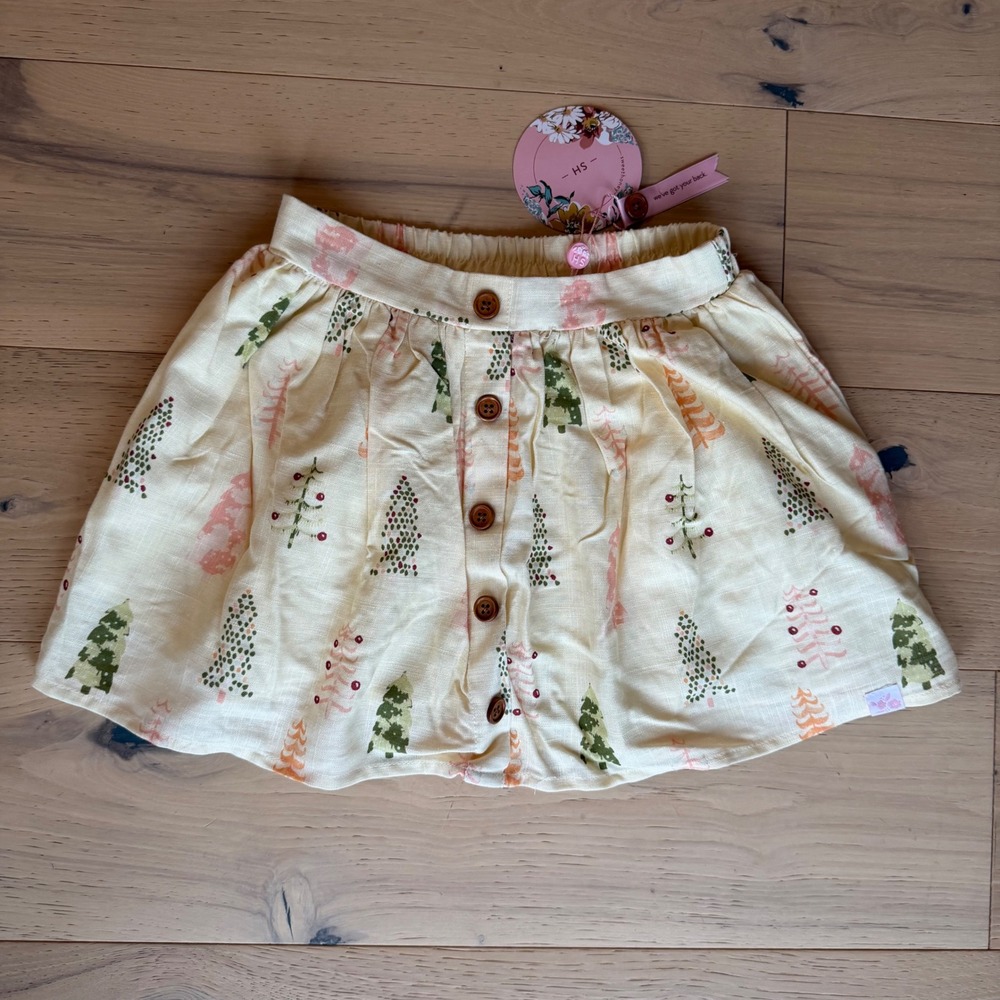 SweetHoney Girls Christmas Tree Print Button Front Skirt Cream Pink Green Size 8